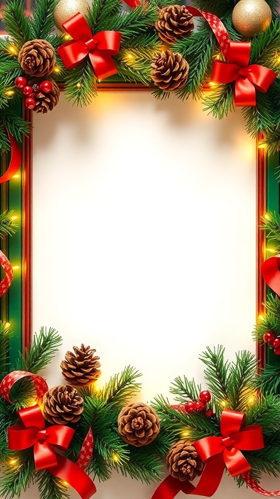 A festive Christmas background frame with ornaments and lights, showcasing holiday cheer.